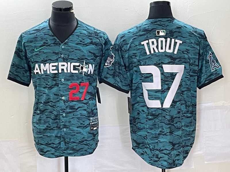 Mens Los Angeles Angels #27 Mike Trout Number Teal 2023 All Star Cool Base Stitched Jersey->los angeles angels->MLB Jersey